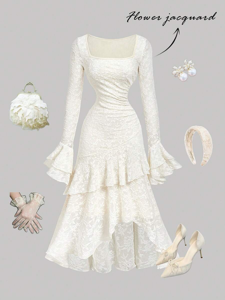 SHEIN MOD 复古浪漫 70 年代女式方领修身连衣裙，荷叶边饰边，喇叭袖，不对称下摆 - 复古嬉皮、节日装、波西米亚、Y2K、西部、游牧、约会、派对、茶会、生日、巡航和别致风格 - 杏色 - 查看 1