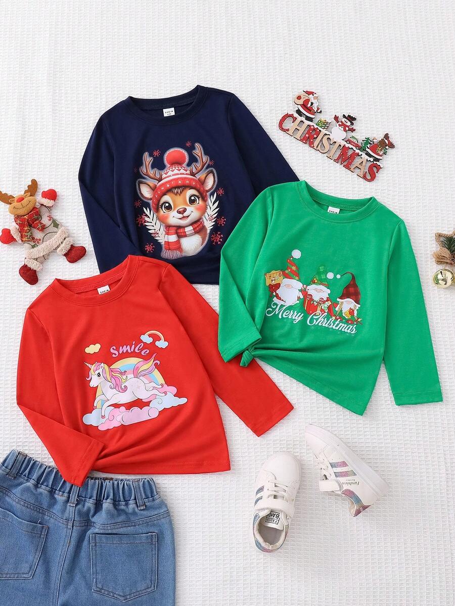 SHEIN Explorewe 3pcs/Set Young Girls Casual Cute Unicorn Slogan Graphic Print Round Neck Basic Long Sleeve T-Shirts, Fashion Layering For Autumn/Winter - Multicolor - View 1