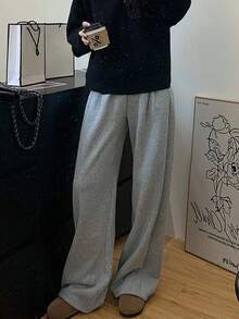 SHEIN 女式花卉印花松紧腰口袋宽松直筒休闲运动裤 - 灰色 - 查看 3