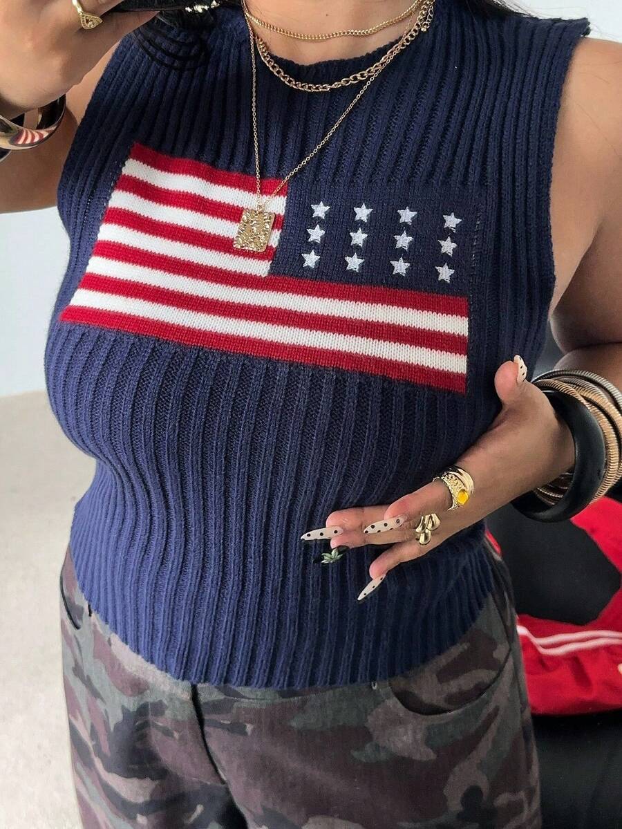 POPSWAY Große Größen Top aus Strick mit amerikanischer Flagge Muster ohne Ärmel - Königsblau - Übersicht 1