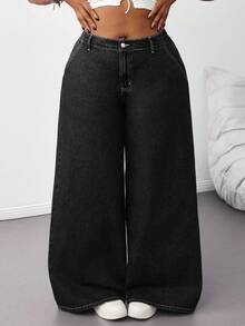 SHEIN Tall CURVE Quần jean ống rộng cạp thấp ống rộng lưng thấp dễ thương phong cách thập niên 2000 dễ thương trở lại trường học trở về nhà Y2k sân bay giản dị tiền cũ thường ngày giặt sạch - màu đen - Xem 6