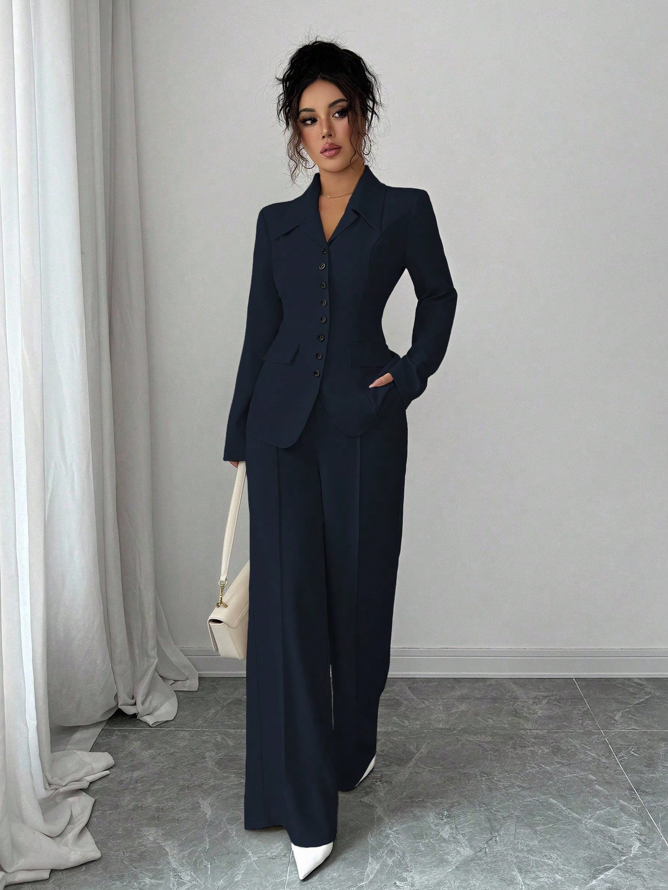 Elenzga بدلة نسائية من قماش سميك بياقة على شكل حرف...