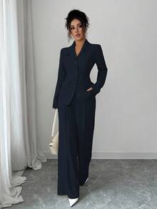 Elenzga بدلة نسائية من قماش سميك بياقة على شكل حرف V باللون المشمشي، مزينة بأزرار تباين باللون الأسود وجيوب وهمية، بتصميم بدلة معلم أنيقة واحترافية، مناسبة لأجواء وعيد الهالوين، موضة خريفية جديدة، بنطلون واسع بخصر مشدود وساق مستقيمة، طقم قطعتين - أزرق بحري - مشاهدة 3