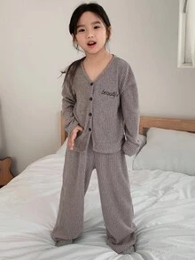 DAZY 少女 V 领罗纹针织长袖上衣和裤子宽松睡衣套装，秋季/春季 - 灰色 - 查看 3