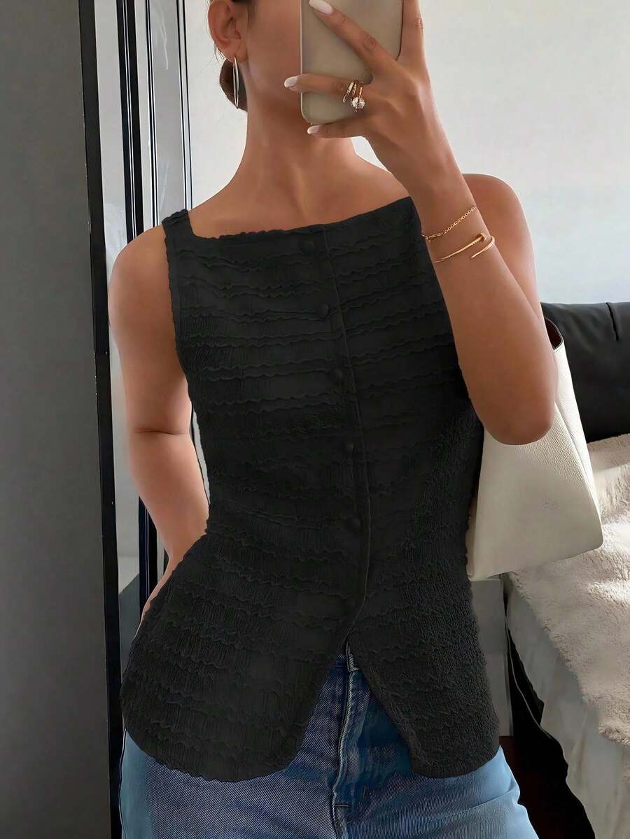 Siren Gaze 女式纯色前扣无袖简约休闲衬衫 - 黑色 - 查看 1