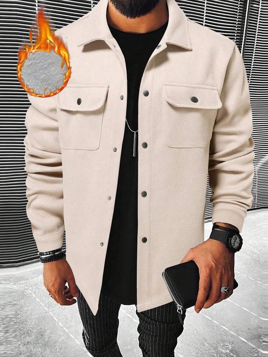 Manfinity Homme 男士保暖内衬纯色长袖单排扣口袋羊毛大衣，秋冬米色男士西部奶油色纽扣男士街头风男士大衣