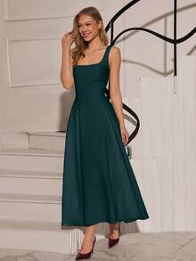 EURMUSE Women's Solid Color Square Neck Sleeveless Elegant Long Dress - Green - View 5