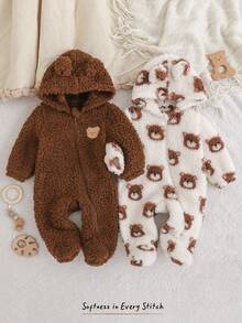 Cozy Pixies 新生儿男女宝宝卡通熊图案保暖连帽长袖连体衣两件套 - 棕色 - 查看 9