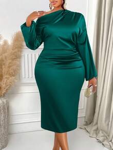 SOLERSUN Christmas Women's Fashion Solid Color Asymmetric Neckline Ruched Side Satin Bodycon Dress Maxi Women Outfit - Dark Green - View 7