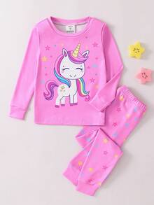 Conjunto de pijama de manga comprida com estampa de unicórnio e estrela para meninas