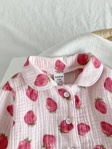 SHEIN 2pcs Newborn Baby Girls' Cute Strawberry Long Sleeve Top Pants Pajama Set Casual Kawaii Sleepwear Autumn Light Pink Clothes Lounge Night - Baby Pink - View 3