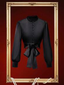 Glisette Women's Black Backless Bowknot Strap Elegant Casual Button Lace Patchwork Sexy Short Black Long Sleeve Satin Blouse - Black - View 9