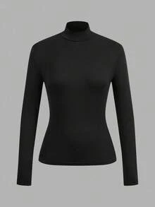 SHEIN EZwear 2pcs/Set Women's Black & Red Mock Neck Tight Fit Long Sleeve Base Layer T-Shirt Set - Multicolor - View 9