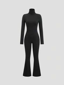 SHEIN Unity Bộ đồ liền thân ống loe cổ lọ tay dài màu đen kiểu dáng cổ điển, siêu co giãn và mềm mại, thoải mái cho phụ nữ cao, trang phục thường ngày cho mùa thu/đông - màu đen - Xem 6