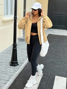 Chaqueta vaquera con capucha de unicolor casual para mujer - Caqui - Ver 5