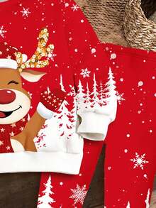 SHEIN Conjunto de 2 peças de moletom e leggings com estampa de rena e floco de neve em gradiente, estampa de árvore de Natal, gola redonda, manga comprida, casual para meninas, adequado para uso diário de outono/inverno, festa de Natal, estilo de rua, casa - Multicolorido - Ver 6