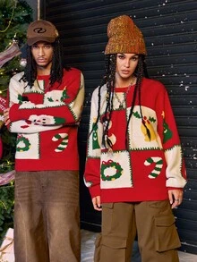 AXEPEAK Men's Casual Snowman Pattern Round Neck Drop Shoulder Long Sleeve Sweater, Autumn/Winter,Christmas