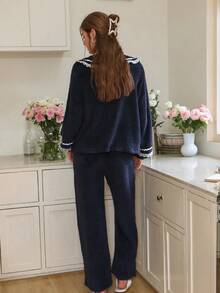Snug Reverie Women's Peter-Pan Collar Faux Fur Patchwork Contrast Color Lace Ruffle Trim Long Sleeve Top & Pants Pajama Set, Fall/Winter Clothes, Christmas, Fluffy, Cozy - Navy Blue - View 3