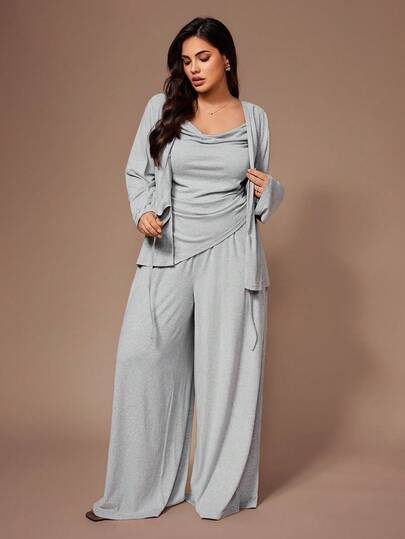 Lazeform Conjunto de ropa de dormir de 3 piezas talla grande con camiseta de tirantes suave, pantalones holgados y bata para otoño e invierno