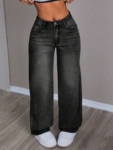 SHEIN PETITE Quần jeans ống đứng cổ điển, giặt thường ngày, lót nhiệt - màu đen - Xem 6