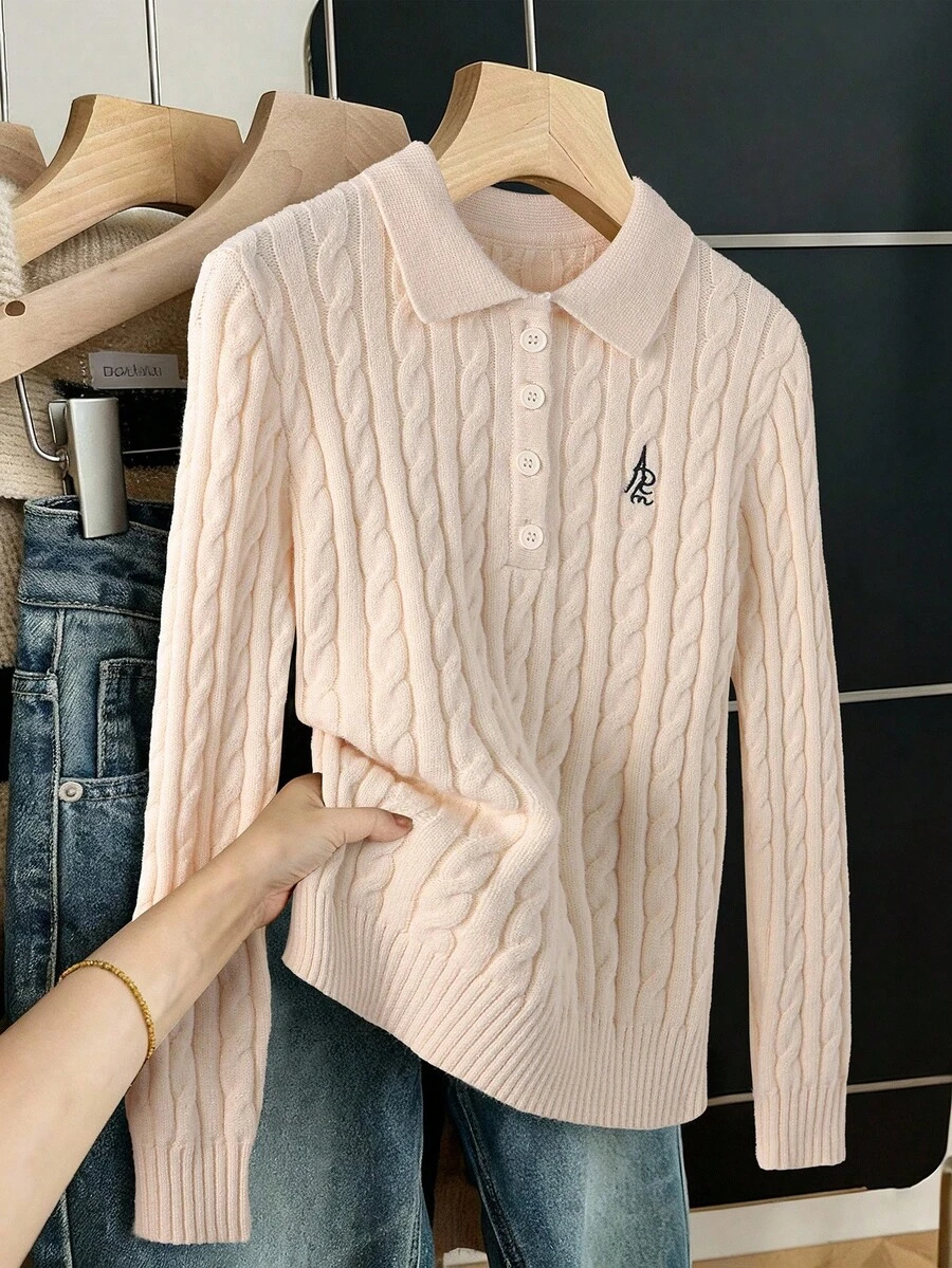 Franclia Women's Solid Color Half-Zip Long Sleeve Fashionable Cable Knit Sweater - Apricot - View 1