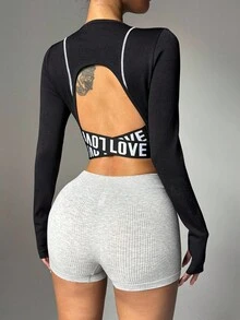 Dewbera Camiseta deportiva de manga larga y cuello redondo corta con estampado de letras y ribete de contraste - Negro - Ver 2