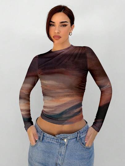 Aloruh Elegant Women's Colorblock Gradient Dip-Dye Print Crew Neck Long Sleeve Versatile Autumn/Winter Base Layer T-Shirt. Chic And Perfect For Outdoor Wear, Embracing Both Old Money And New Money Styles. Id