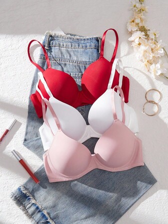 3pcs/Set Women's Simple & Comfortable Bras, Casual Minimalist Padded Bralette, Solid Color Daily Underwear Underwire Bra Set Push Up Bra Set Bras For Women 3 Piece Set Bras For Women Push Up Bra