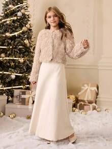 Conjunto de chaqueta de tela suave de unicolor de manga larga y cuello redondo holgada, y vestido maxi sin mangas de unicolor, estilo minimalista de moda diaria para niñas, otoño/invierno