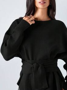 LYSMO Damen Einfarbig Rundhals Langarm Taille Krawatte Lässig Pullover, Herbst/Winter, Drop-Shoulder