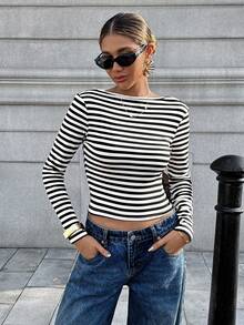 Chiquease Sexy Backless Striped Long Sleeve T-Shirt For Women, With 3D Floral Decor, Slim Fit, Personalized Chic Top, Layering Undershirt Fall Cloth For Women - Black - View 6