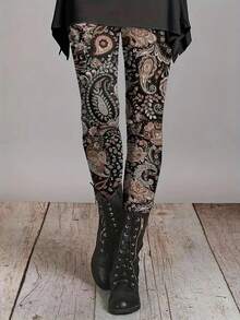 EMERY ROSE Women's Paisley Print Stretch Leggings With Elastic Waistband - Asymmetrical Design, Medium Compression All-Season Casual Pants, Machine Washable, Lounge Pants, Bottoms, Durable Construction, Print Pants, Comfort Seekers