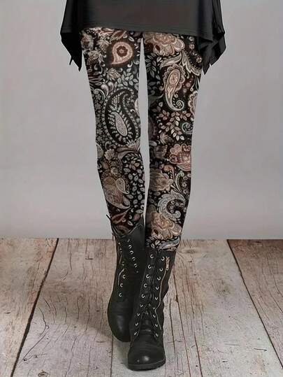 EMERY ROSE 女式佩斯利印花弹力紧身裤，配有松紧腰带 - 不对称设计，中等压缩四季休闲裤，可机洗，休闲裤，下装，耐用结构，印花裤，舒适追求者