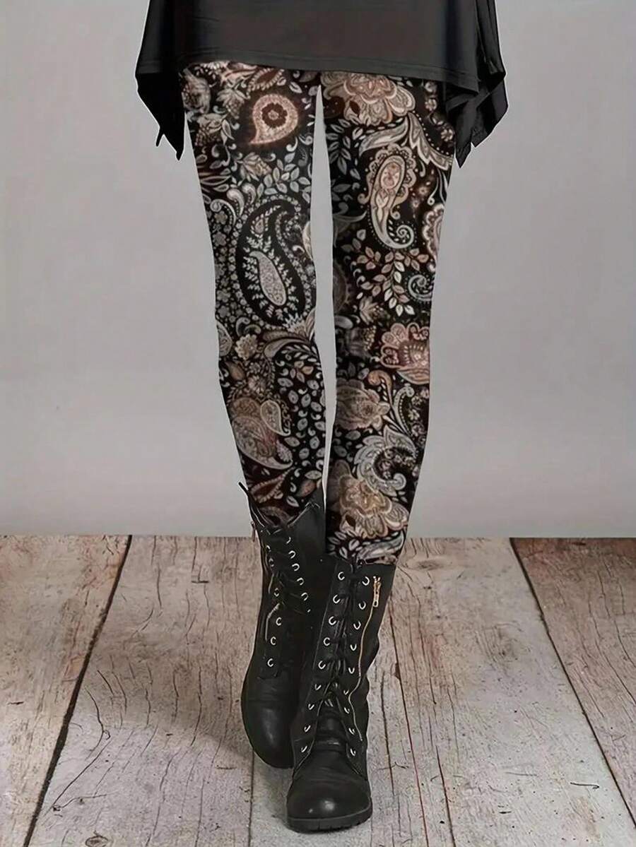 EMERY ROSE Women's Paisley Print Stretch Leggings With Elastic Waistband - Asymmetrical Design, Medium Compression All-Season Casual Pants, Machine Washable, Lounge Pants, Bottoms, Durable Construction, Print Pants, Comfort Seekers