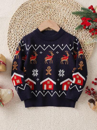 Suéteres para niños pequeños 2025 Nuevas llegadas Otoño e Invierno Suéteres de punto de jacquard suaves con diseño de Navidad de dibujos animados de color azul marino para niños, capa base de punto linda para niños pequeños, adecuado para atuendos festivos
