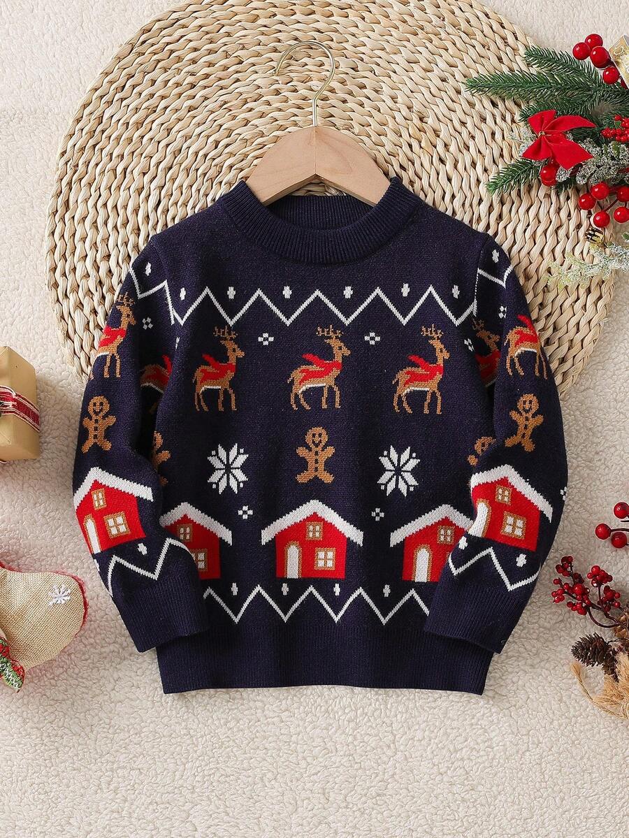 2025新款男童毛衣，秋冬新款，时尚藏蓝色卡通圣诞长袖提花套头衫，可爱打底针织衫，适合节日穿着，8岁男童圣诞毛衣，圣诞宝宝，男童学院风 - 藏蓝色 - 查看 1