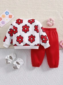 Newborn Baby Girl 2pcs Set, Autumn/Winter Outdoor Casual Pink Knitted Cartoon Floral Fleece Hoodie & Joggers Set, Suitable For Outdoor, Party & Events