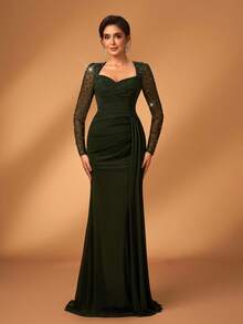 Serin Elegant Luxurious Diamond Design Sheer Long Sleeve Ruched Mermaid Dress, Suitable For Weddings, Parties, Vacations, Bridal, Mother Of The Bride, Evening Gowns - Army Green - View 7