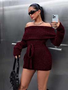 SHEIN Cottnline 女士露肩腰带舒适冬季毛衣套头衫 - 酒紅色 - 查看 3