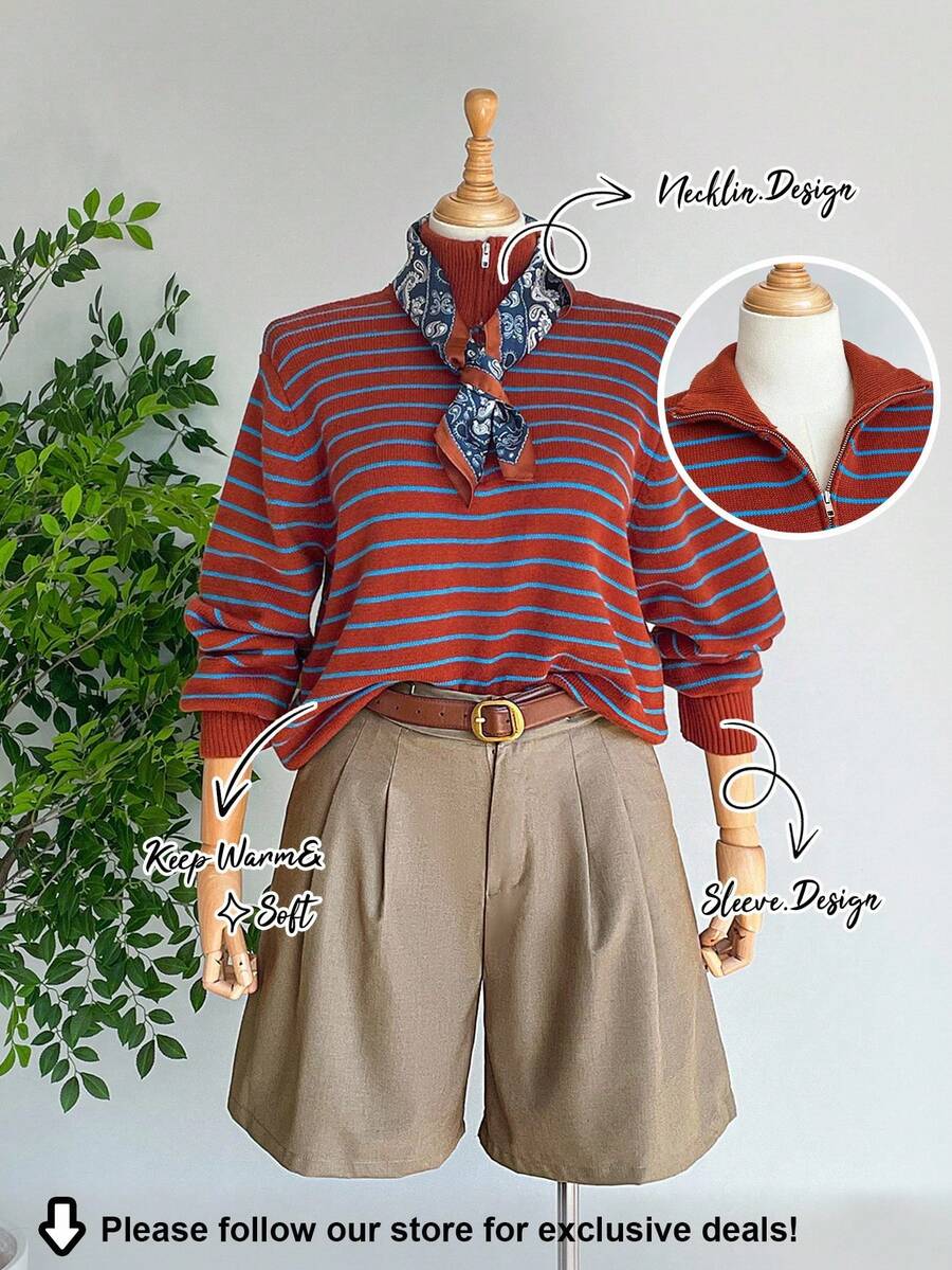 SHEIN LUNE Plus Size Women's Light Blue Striped Lapel Long Sleeve ...