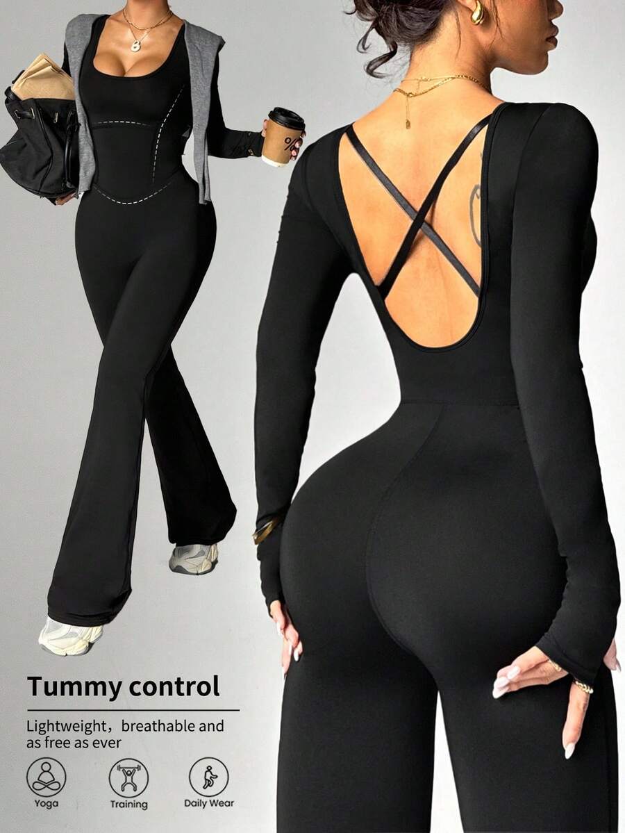 Dewbera Women's Autumn/Winter Jumpsuit, Black Tight-Fitting U-Neck Long Sleeve, Cross Back Strap, Fitted Front Panel, Flared Leg Hem, Suitable For Casual, Running, Yoga, Gym, Tennis And Other Activities Halloween Winter Glowmode Sexy Chillnights - Black - View 1
