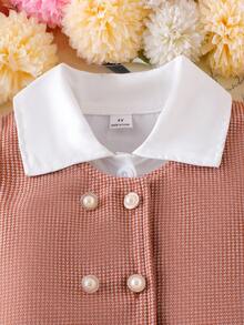 SHEIN 3件套女童长袖翻领休闲衬衫、精致珍珠纽扣背心外套、短裤套装，现代风格儿童服装，春秋冬装 - 咖啡棕 - 查看 6