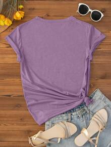 INAWLY Áo thun nữ cổ tròn tay ngắn in họa tiết hoa mùa hè - Màu Lilac Tím - Xem 2