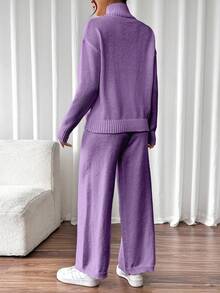 SHEIN Raffinéa 女式纯色高领落肩长袖毛衣和针织裤休闲两件套，秋冬 - 紫色 - 查看 2