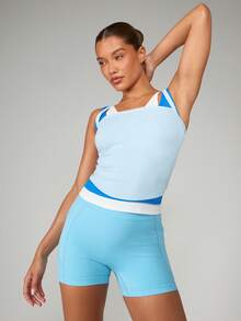 MISSGUIDED Seamless Workout Biker Shorts High Waist Compression Running Performance Exercise Training Shorts With Double Side Pockets - Blue - View 5