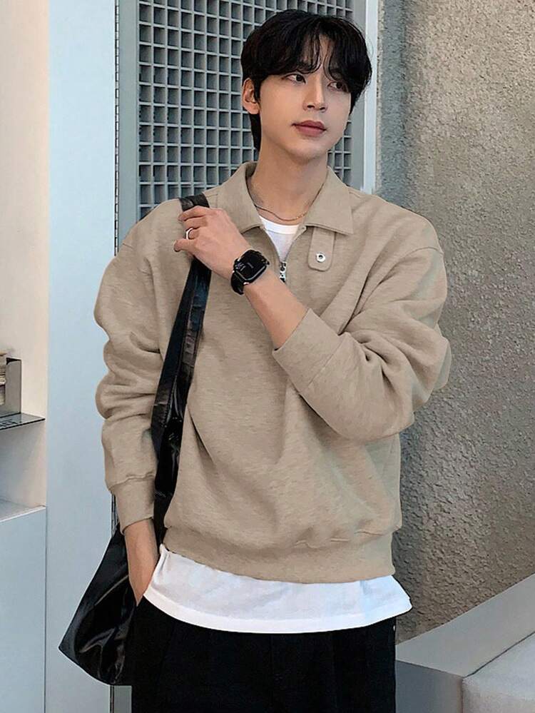 Men's Solid Color Polo Collar Adjustable Pullover Sweatshirt, Autumn/Winter Quarter Zip Sweatshirt