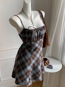 Comfortcana 大码休闲复古蓝棕色格子连衣裙