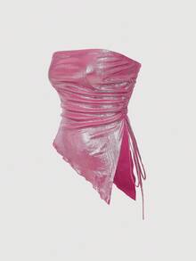 SHEIN MOD Áo bandeau màu hồng có dây rút bên hông viền bất đối xứng Y2K thời trang nữ, Thu/Đông, Halloween dành cho nữ, Lễ Tạ ơn, Giáng sinh dành cho nữ, Năm mới, Áo lấp lánh, Bãi biển dành cho nữ, Y2K, Kim sa - Hồng - Xem 3