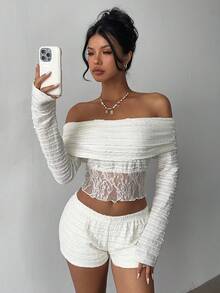 Aloruh Women's Sweet Off Shoulder Apricot Ruffle Lace Patchwork Long Sleeve T-Shirt And Super Short Shorts, Autumn/Winter - Apricot - View 4