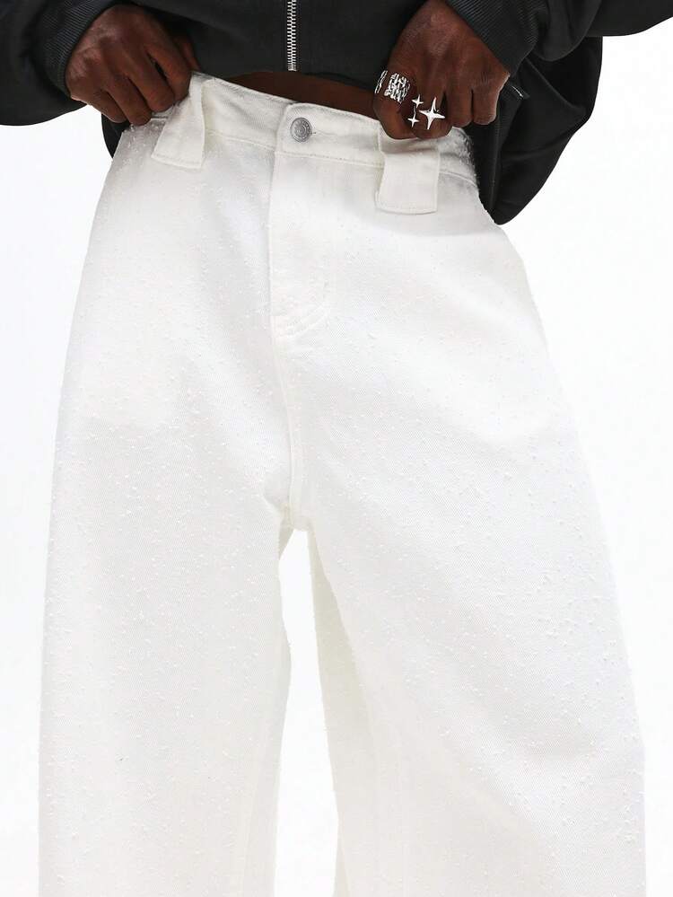 Wide Leg Raw White Denim Jeans With Relaxed Fit